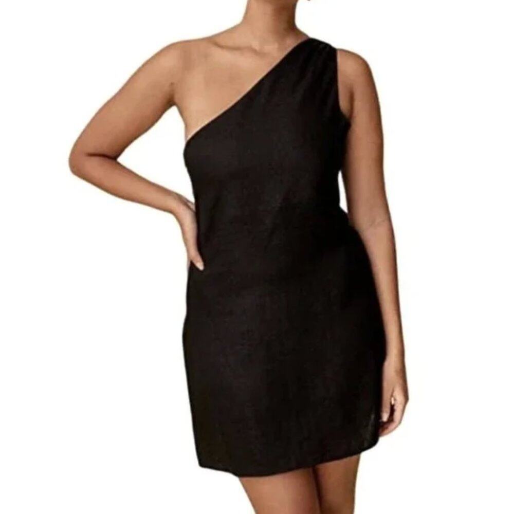 THEORY Sleeveless One Shoulder Mini Dress in Black Satin